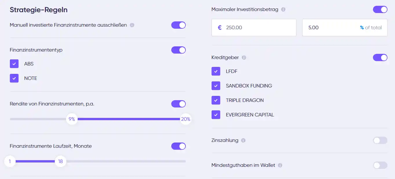 Debitum Auto-Invest Einstellungen