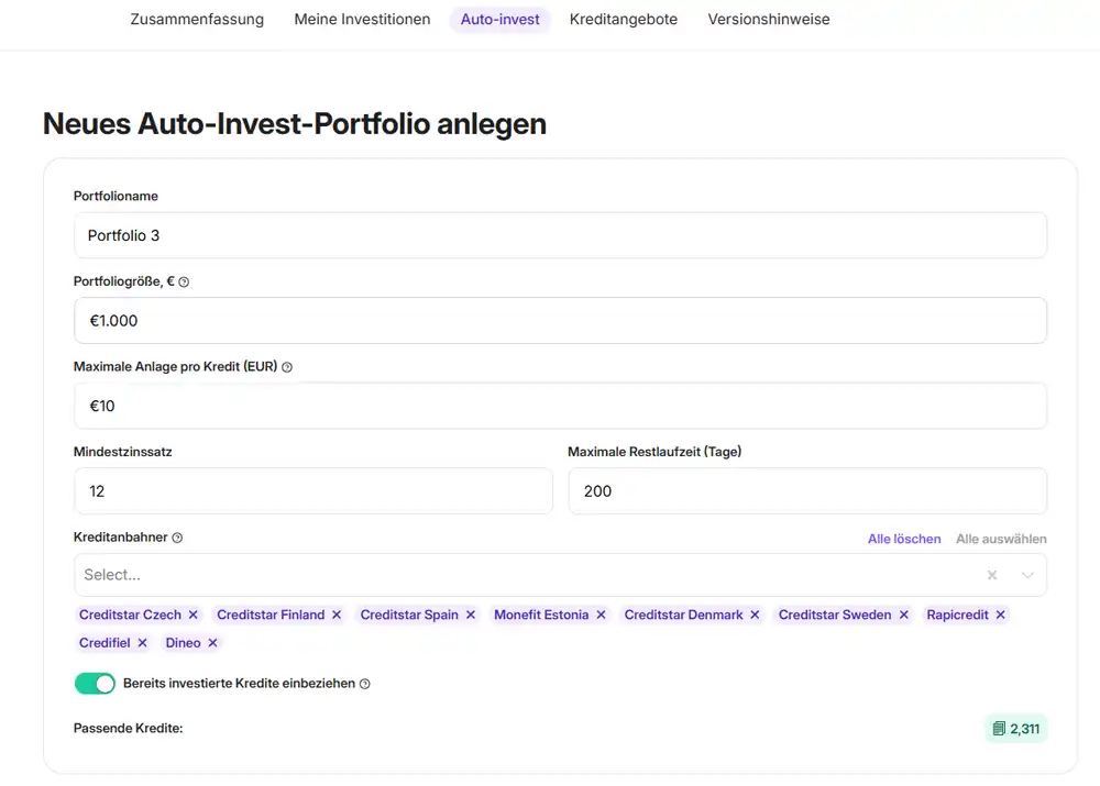 Auto-Invest Einstellungen