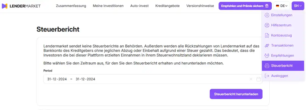 Steuerbericht herunterladen bei Lendermarket