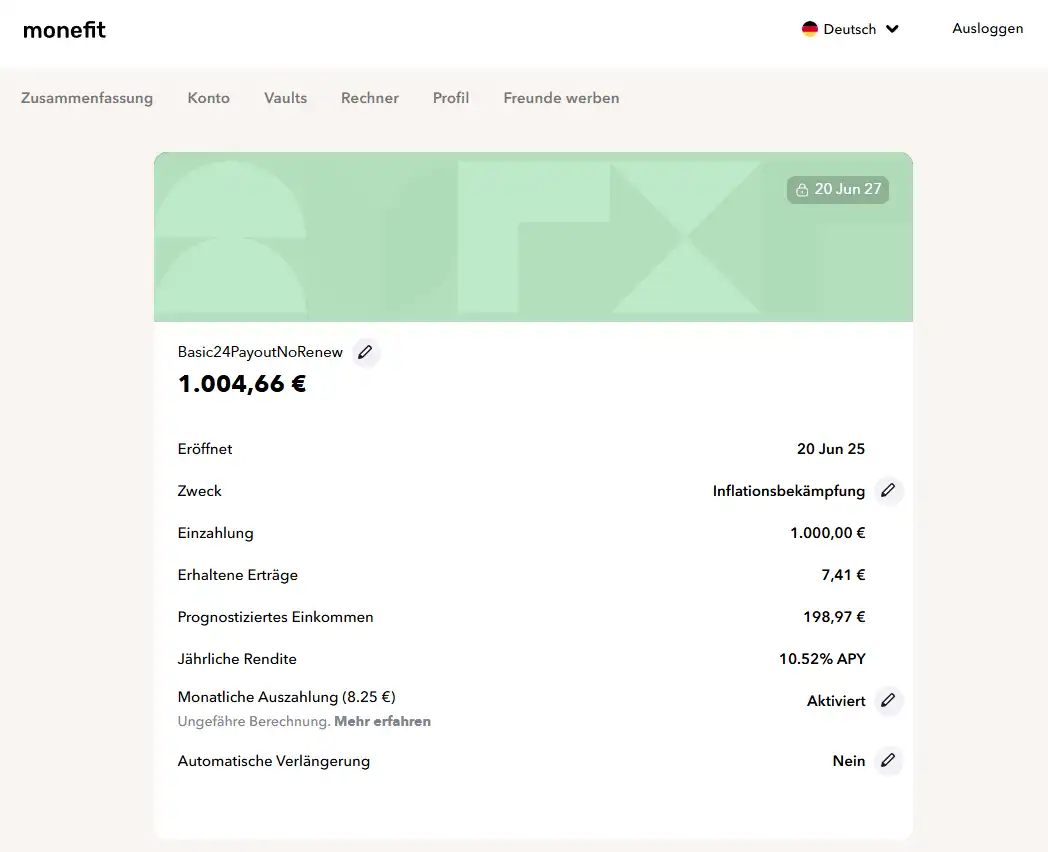 Mein SmartSaver Vault mit Auszahlung
